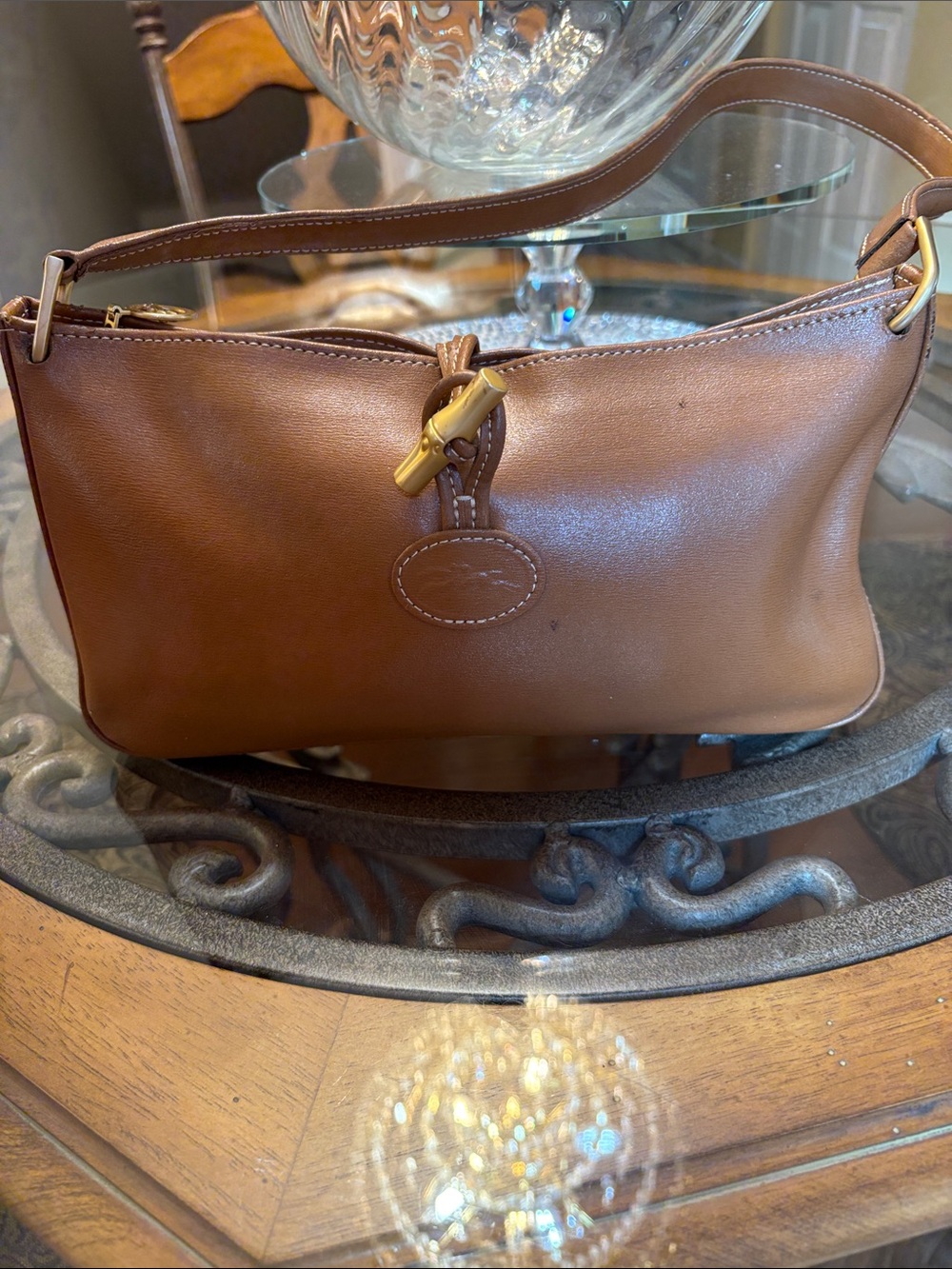 Longchamp Roseau Baguette Shoulder Bag smooth camel/cognac leather